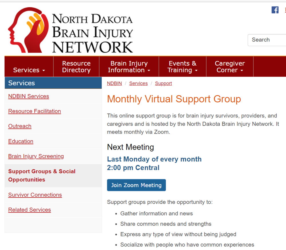 screen shot of monthly virtual support group